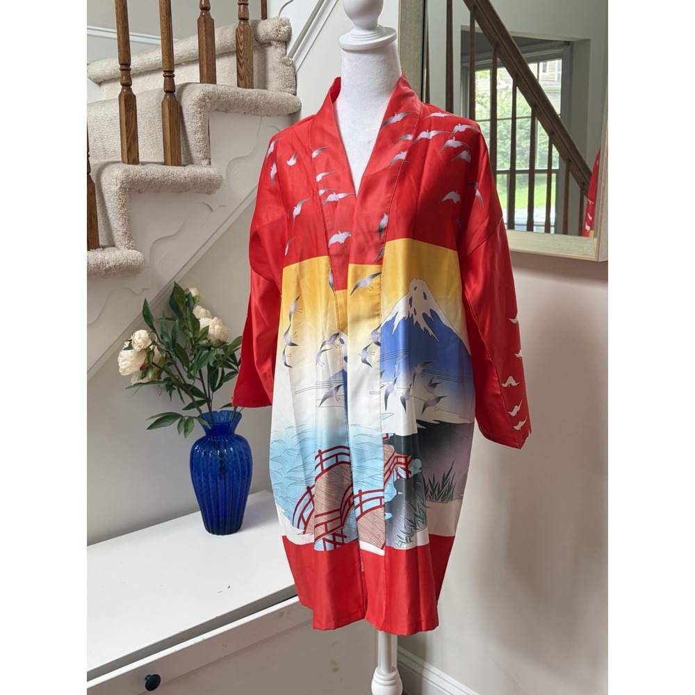 MARUKYO Kyoto Tokyo Vintage Kimono Red Mountain Scene Print Japan No Size Tag